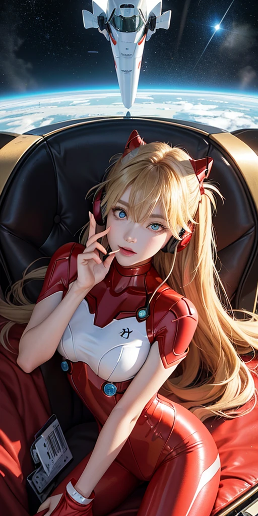 (top view),dynamic angle,Super detailed, illustration, close up, direct, 1 girl, 
 ((Soryu Asuka Langley, Interface headset, Red tights:1.4, blonde)),Her eyes shone like fantastic stars,(glowing eyes:1.233),(Beautiful and delicate eyes:1.1),(Poker face,Keep your mouth shut),(permanent), 
(Mechanical room with tools and spaceship windows in white spaceship),
(night:1.2),fantastic, [[slender fingers and hands:0.55]::0.85],(Detail fingers),