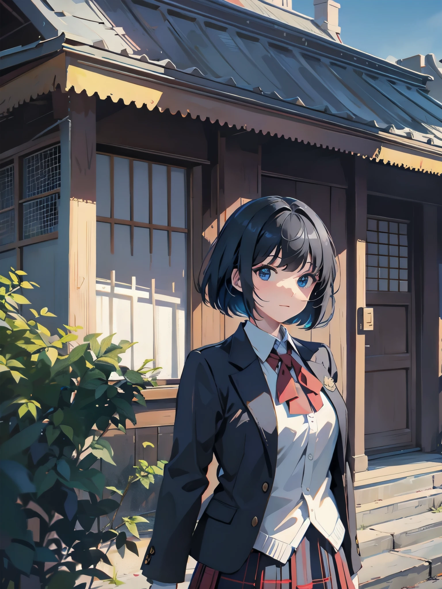 Top-High quality、Highest quality、masterpiece、High Contrast、Colorful、Elegance、Sexy expression、high school girl、Beauty、Bob cut braids、uniform、(red blazer)、Ribbon tie、(Green and gray plaid skirt)、(black tightovie-like shadows、fine shading、cute、Truly unbelievably cute absurd、outside、School trip、national treasures、Traditional buildings、blue sky
