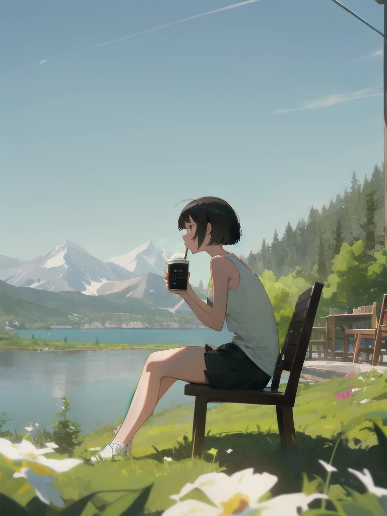 (looking-away:1.3),(from side:1.3),(masterpiece:1.2), (best quality),(ultra detailed),(extremely detailed),(absolutely resolution) ,absurdres,8k, 1girl-drinking-hot-coffee-in-cafeteria-outdoor,sitting-on-the-woody-chair, cake, beautiful-landscape-background, mountain, shinny-lake, flowers,
BREAK, ultra detailed eyes, bobcut, (gradation hair:1.3), tanktops, skirt,