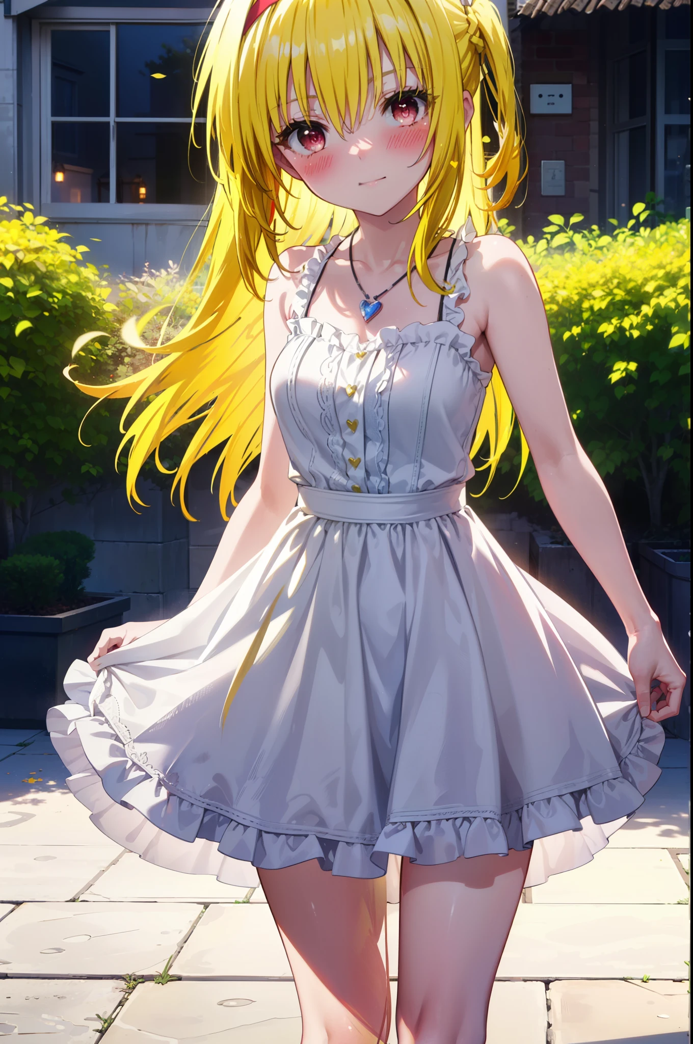 toloverumy, my, (yellow hair:1.5), Long Hair, (Red eyes:1.5), smile,blush, Embarrassing,White headband,Long Straight Hair,Long skirt integrated sleeveless dress,Heart Necklace,Bare arms,Bare neck cute sandals,True Summer,Daytime,
break outdoors, garden,
break looking at viewer, (Cowboy Shot:1.5),
break (masterpiece:1.2), highest quality, High resolution, unity 8k wallpaper, (figure:0.8), (Beautiful fine details:1.6), Highly detailed face, Perfect lighting, Highly detailed CG, (Perfect hands, Perfect Anatomy),