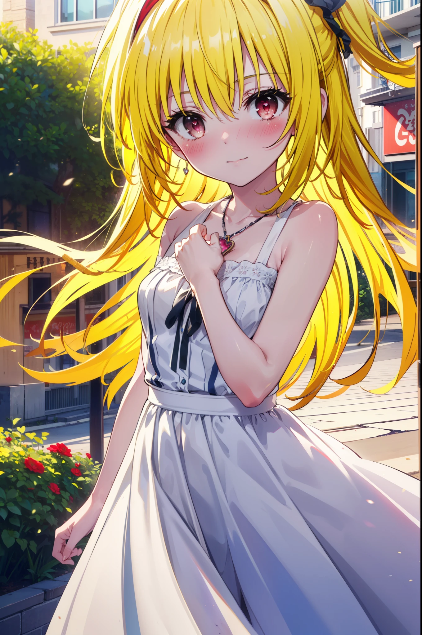 toloverumy, my, (yellow hair:1.5), Long Hair, (Red eyes:1.5), smile,blush, Embarrassing,White headband,Long Straight Hair,Long skirt integrated sleeveless dress,Heart Necklace,Bare arms,Bare neck cute sandals,True Summer,Daytime,
break outdoors, garden,
break looking at viewer, (Cowboy Shot:1.5),
break (masterpiece:1.2), highest quality, High resolution, unity 8k wallpaper, (figure:0.8), (Beautiful fine details:1.6), Highly detailed face, Perfect lighting, Highly detailed CG, (Perfect hands, Perfect Anatomy),