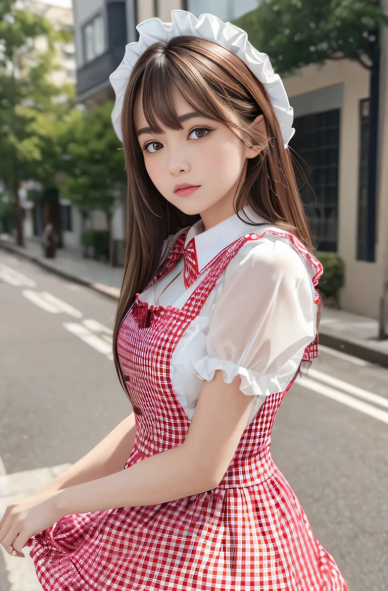 Angelic Very beautiful cute girl,14 yo,
Beautiful detailed eyes,
Detailed double eyelids,
(Large eyes:1.4),
Long straight brown hair,
see-through bangs,
Sharp Focus,small straight nose,
beautiful detailed face and eyes,
drooping eyes,
(Soft Saturation: 1.3), (Fair skin: 1.2),BREAK (red gingham maid costume :1.5),
(costume with strong reflective surfaces:1.5), Walking,
Costume lighting,
In the street ,
(Brown hair:1.3),