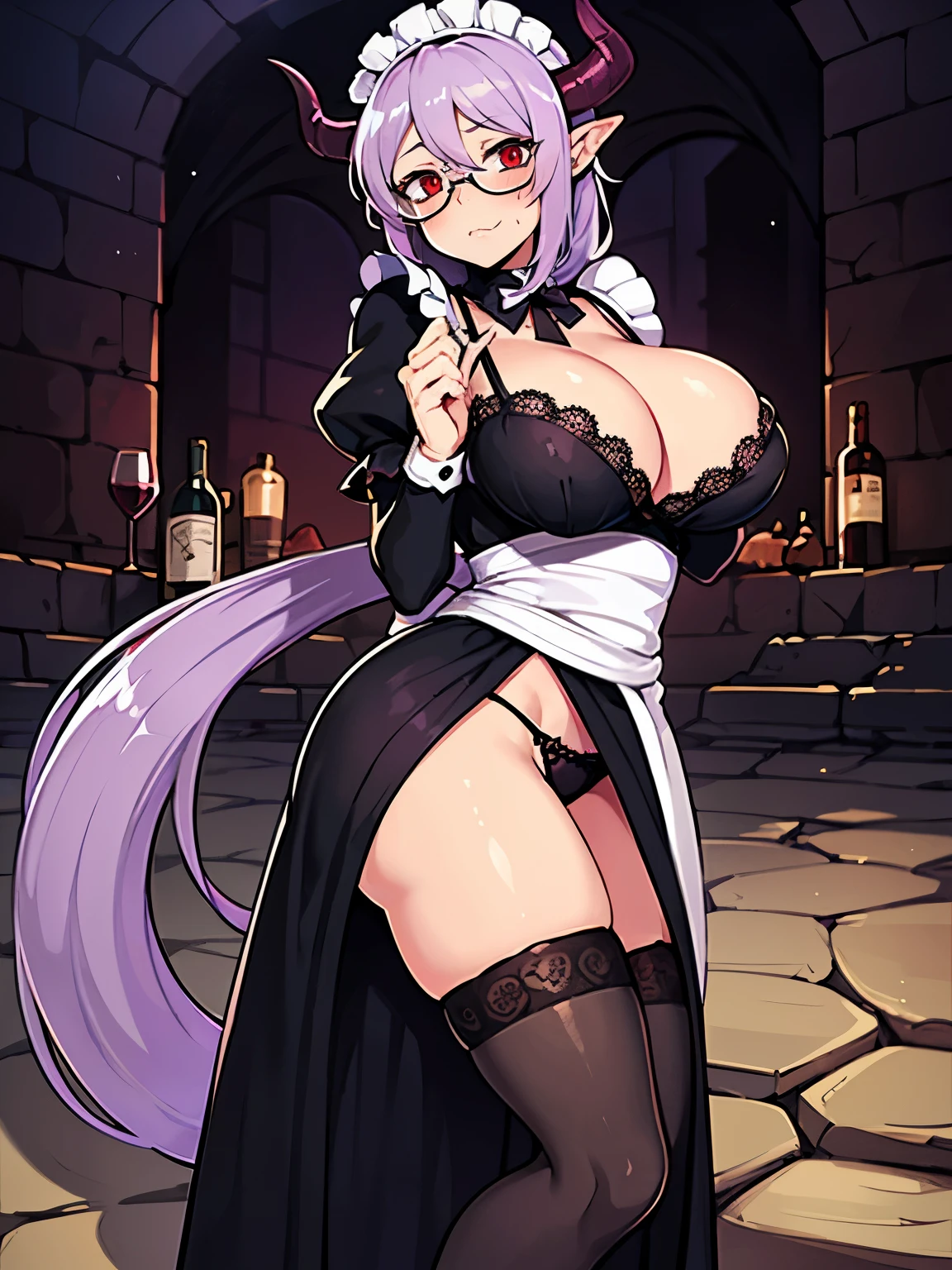 Succubus, adult woman, large breasts, light purple hair tied in a long ponytail, maid costume, long skirt held up by hands, black lace panties, black stockings, deadpan expression, blush on cheeks, wine red eyes, Tishaida glasses, gray horns, dungeon in the background.
