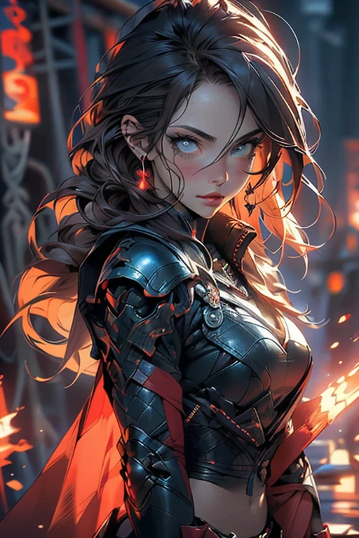 an image of a dragon woman in leather armor and a red cape, crimson hair, fire in her eyes, dark souls like, axe in hand, barbarian cushart krenz key art feminine, fire, flames, spear, axe (best quality,4k,8k,highres,masterpiece:1.2),ultra-detailed,(realistic,photorealistic,photo-realistic:1.37),HDR,UHD,studio lighting,ultra-fine painting,sharp focus,physically-based rendering,extreme detail description,professional,vivid colors,bokeh,portraits,landscape,horror