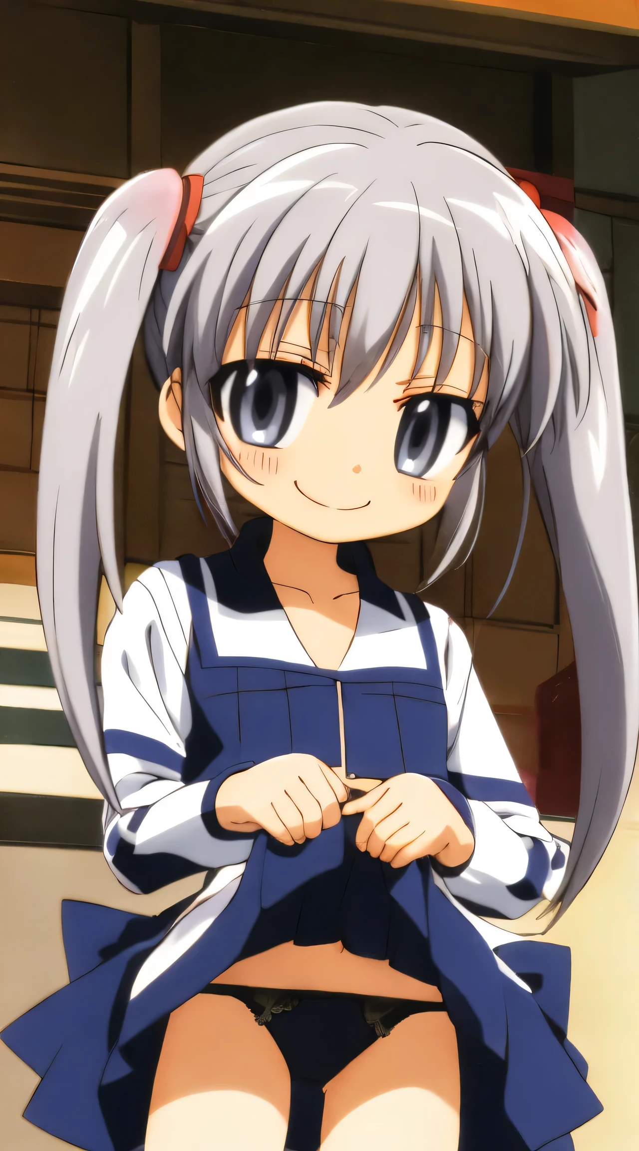 Silver Hair、Grey Eyes、Twin tails、、Flat Chest、Short、、Panty shot、Black panties、Skirt Lift、Self Lift、High leg、masterpiece、High resolution、highest quality、Detailed face、Anime Moe Art Style、abdomen、Belly button、Cowboy Shot、smile、indoor、healthy、Puffy nipples、anime best girl, cute anime girl、Groin