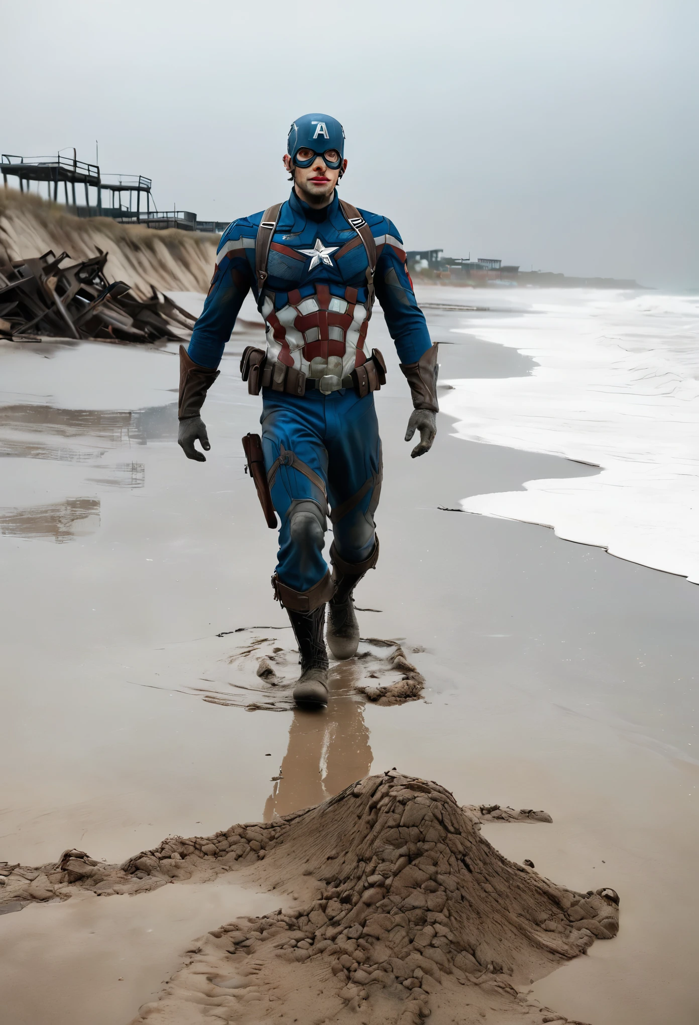 A from behind photograph of a crawling zombie, looking back at camera, grinning, tattered Captain America uniform, dragging its feet, from a low angle view on a post-apocalyptic beach with scattered debris. Cloudy, gray, diffuse lighting with a sense of desolation. Distant background includes faint city ruins, aimless zombies, eroded structures, and wind-swept sand. Create Using: ultra-realistic, complex detailing, faded cinematic effect, somber mood, survival horror elements, gusty atmosphere, decayed urban remnants, 