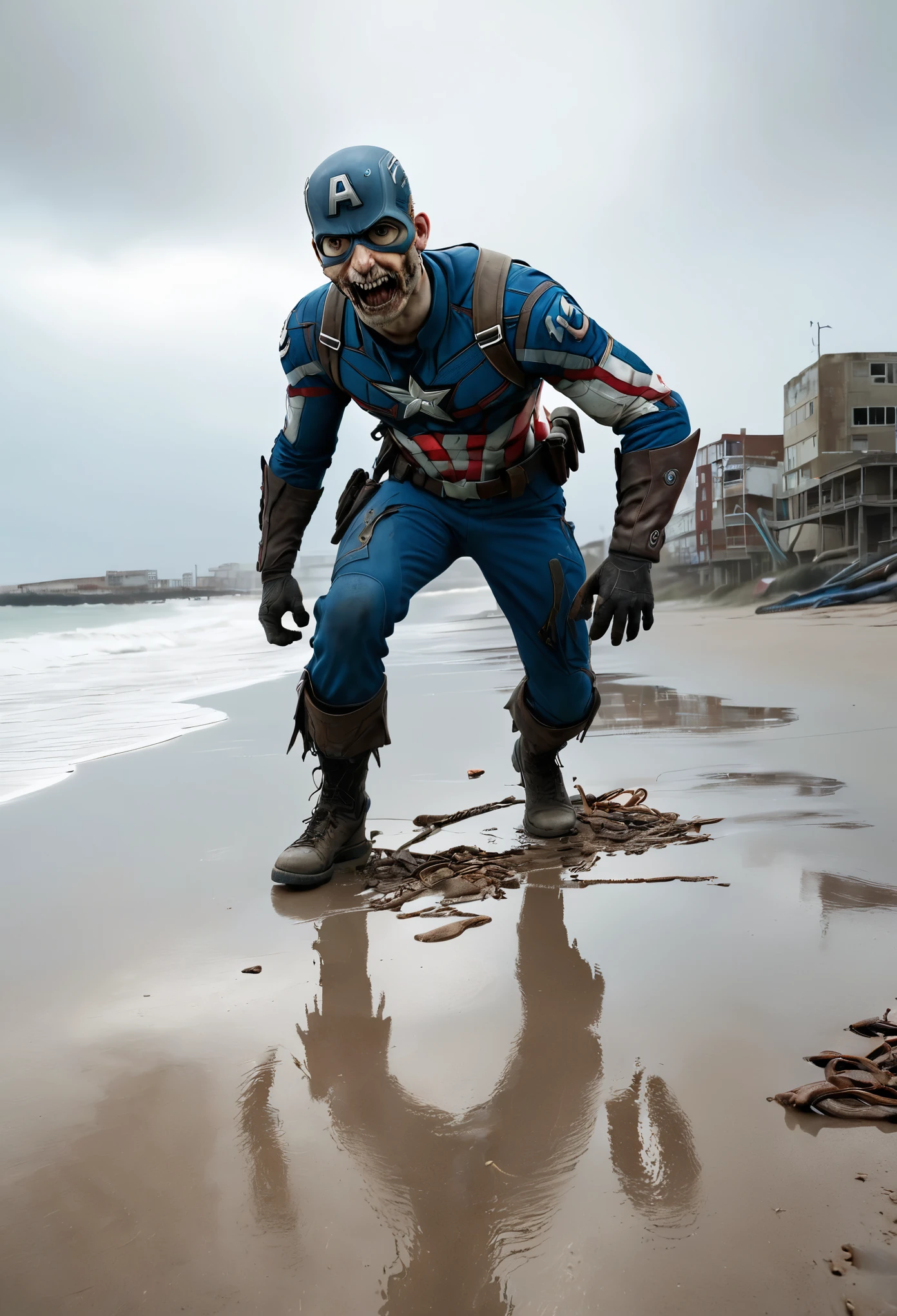 A from behind photograph of a crawling zombie, looking back at camera, grinning, tattered Captain America uniform, dragging its feet, from a low angle view on a post-apocalyptic beach with scattered debris. Cloudy, gray, diffuse lighting with a sense of desolation. Distant background includes faint city ruins, aimless zombies, eroded structures, and wind-swept sand. Create Using: ultra-realistic, complex detailing, faded cinematic effect, somber mood, survival horror elements, gusty atmosphere, decayed urban remnants, 