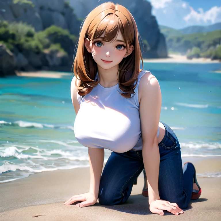 masterpiece, best quality, ultra-detailed, realistic, perfect anatomy, solo, full body, background is beach, looking at viewer, all fours, wearing cropped top and denim shorts, a woman is slender and huge breasts,