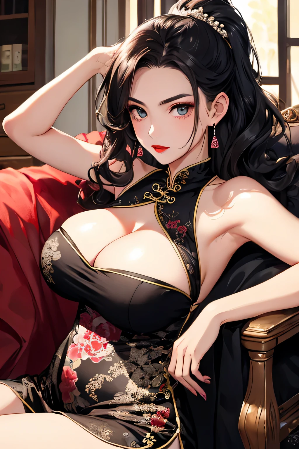 (highest quality:1.4)、High resolution、Detailed Background、(Beautiful face in every detail:1.4)、Detailed and phenomenologically correct、Realistic、Beautiful age girl、(Huge breasts:1.3)、Black Hair、Perfect body line、Attractive ass、attractive thick thighs、Sleeveless、Accentuate your breasts、Accentuate your cleavage、Show off your attractive armpits、room、low angle close up、Super close-up shot from directly below、Look at me with cold eyes、A style that combines sexiness and elegance、Elegant atmosphere、Panty Shot、Well-groomed eyebrows、Well-groomed eyebrows balance the entire face、cute、 A shiny, body-hugging Chinese dress、 Designs with slits and revealing chest to emphasize sexiness、 Dark colors such as red and black are effective in bringing out your sexiness.、 To enhance the sexiness of the Chinese dress, it is a good idea to wear high heels.、We especially recommend designs with straps or ribbons.、 Add pearls or metal accessories to create an elegant atmosphere.、 An updo is recommended to accentuate the design of the Chinese dress.、 Add some simple hair pins or accessories to make it even more gorgeous.、 If you have long hair, a sexy wavy hairstyle is also a good choice.、 To enhance the sexiness of a Chinese dress, it is a good idea to wear red lipstick.、 A darker red colour will give you a more sexy look.、cute