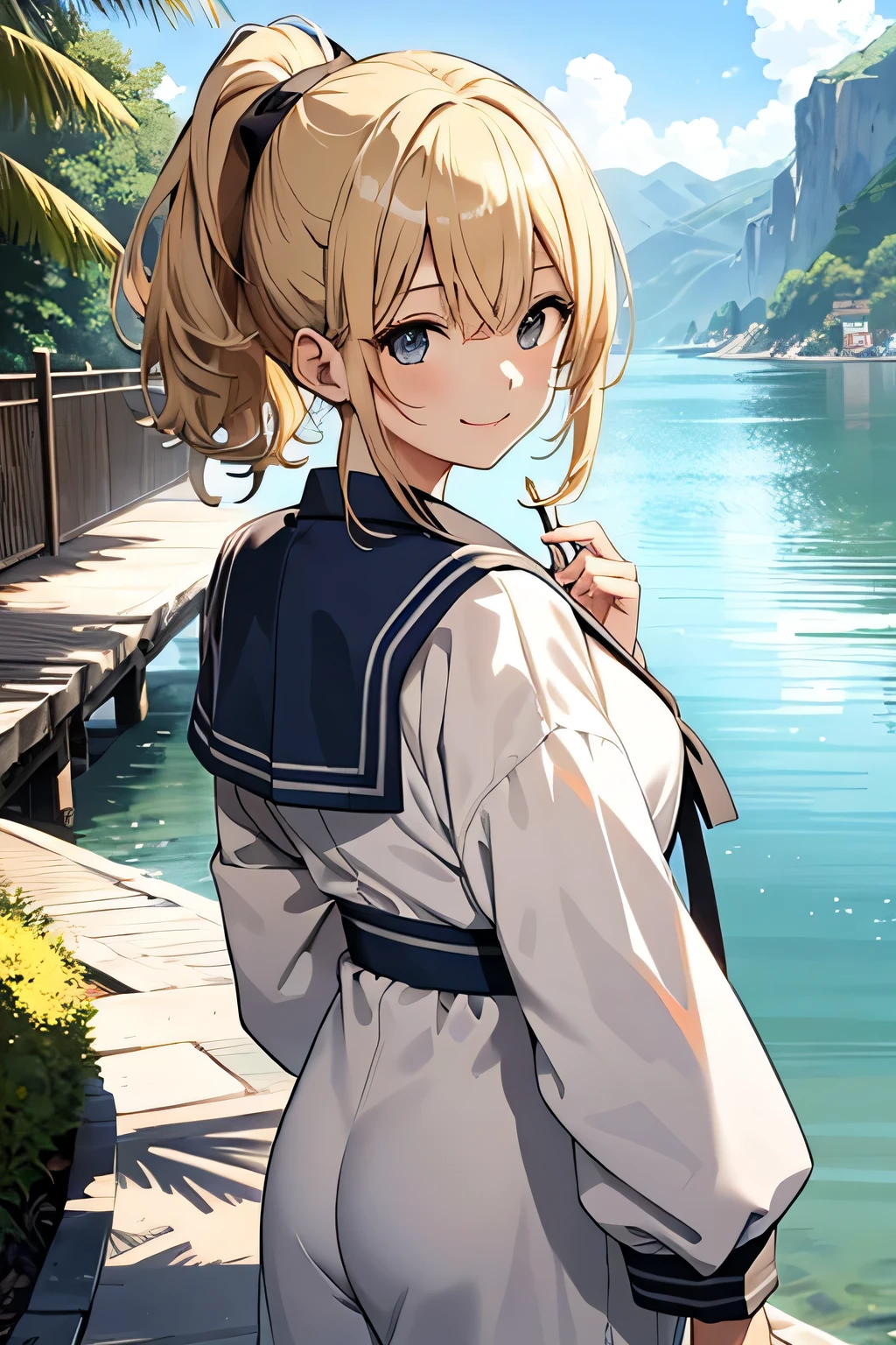 ((highest quality)), ((masterpiece)), (detailed), Perfect Face、Water's Edge、stroll、blonde、ponytail、Sailor suit、Summer clothes、smile、look back、