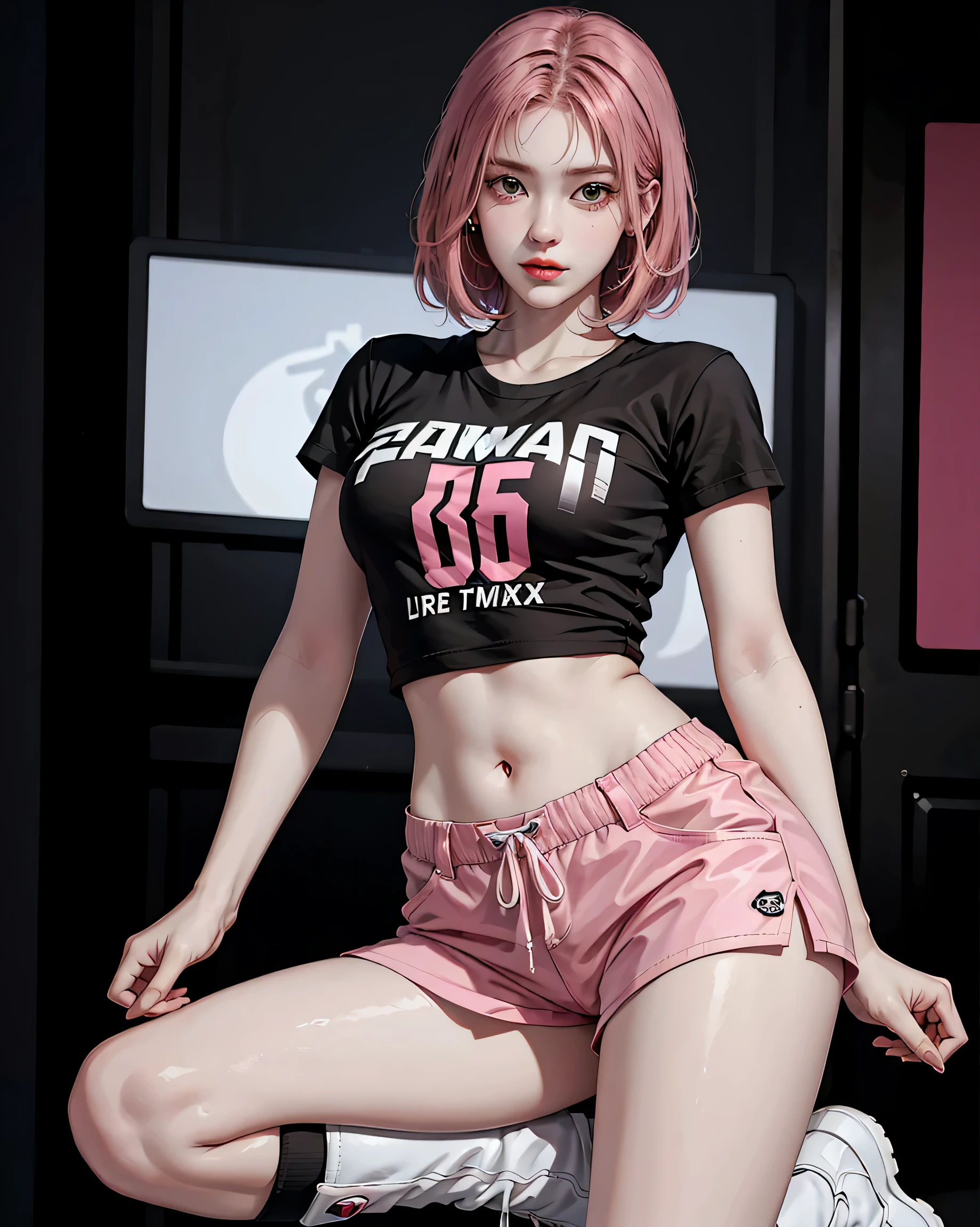 Perfect Style, Beautiful Face, Highly detailed face and skin texture, (Maximum resolution: 1.2), 1 female, alone, Hip Up, jewelry, tattoo, Streetwear, T-Shirts, Pink Hair, Shorts, sports boots, (((Narrow waist))), (Big Breasts)