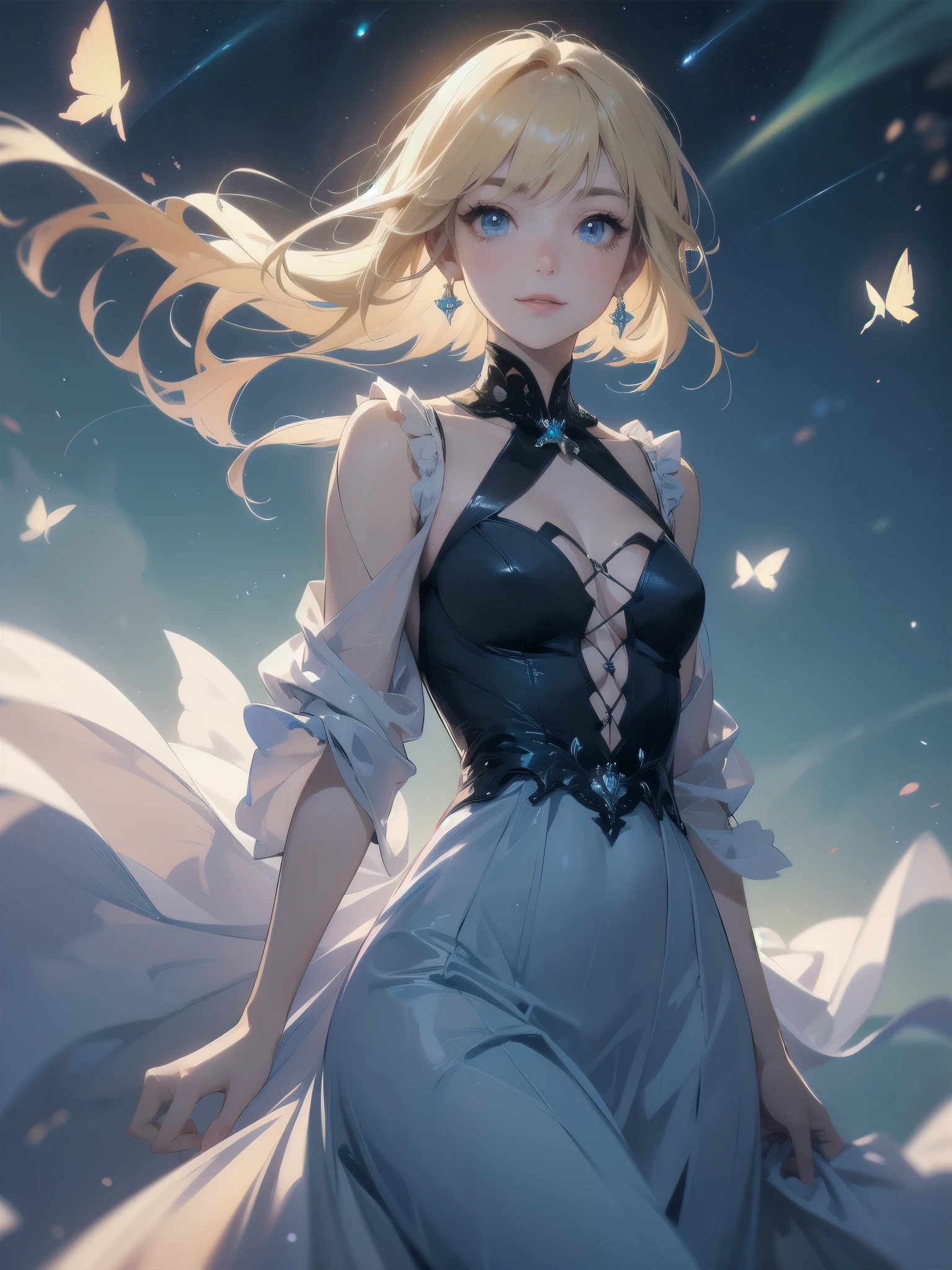 Masterpiece, Top Quality, High Resolution, Super Dimensional Face, Cute Eyes, Very Beautiful Girl in Long Blue Dress Anime Character, One Beautiful Girl, Long Dress, Solo, Blue Dress, (Bob-cut Hair:1.1), Amber Eyes, Gazing, Blonde Hair, ((Hair Fluttering in Wind)), , Medium Chest, Hoop Earrings, Fluttering hair, Night sky, Meteor shower, Fantastic, Phantom moon, Light smile, Dynamic, Fantasy, Otherworldly, Mysterious place