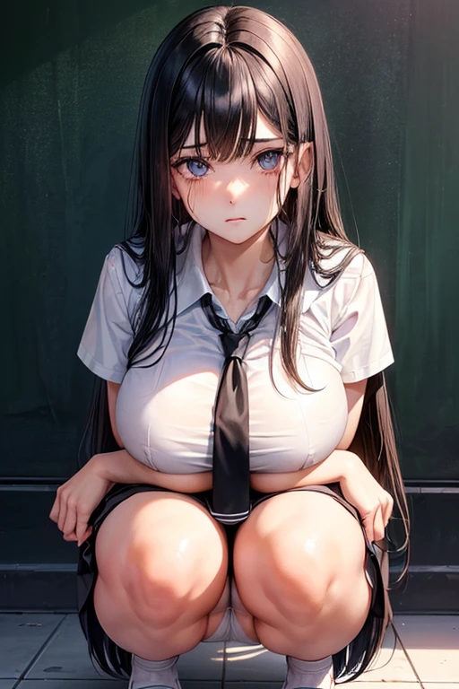 girl,(from front:1.2),{(black hair:1.2),(medium hair:1.5),(straight hair:1.5),hair between eyes},(huge breasts:1.2),{school uniform,white short sleeve shirt,school skirt,(tie:1.2)},(squatting),(white panties),(Fine eyes and skin:1.4),(Detailed facial features:1.4),(Perfect Style),(Beautiful Face),at city