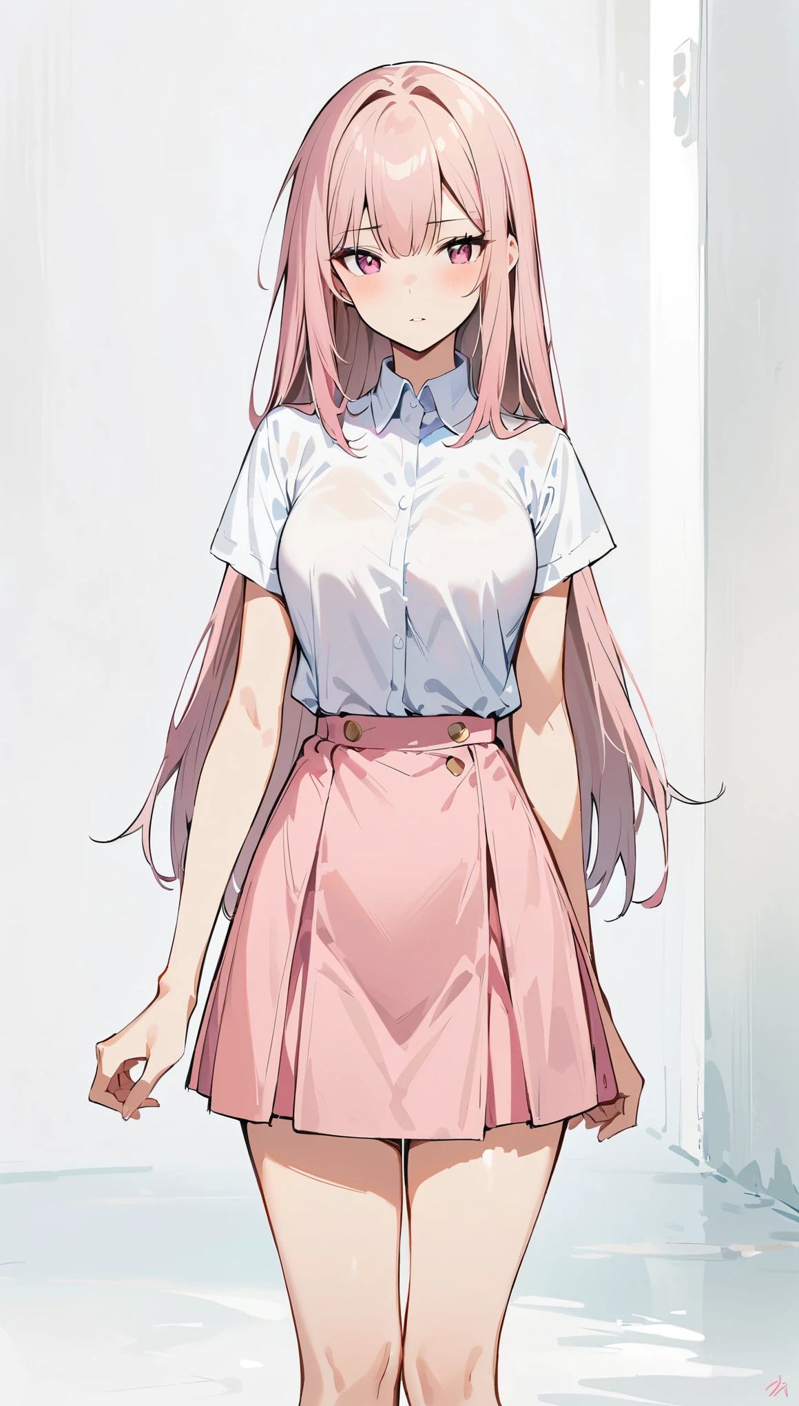 (masterpiece, best quality:1.2), 1 girl, Solitary,Standing_,
, Long hair,Black无袖短背心,Short pink skirt,Black