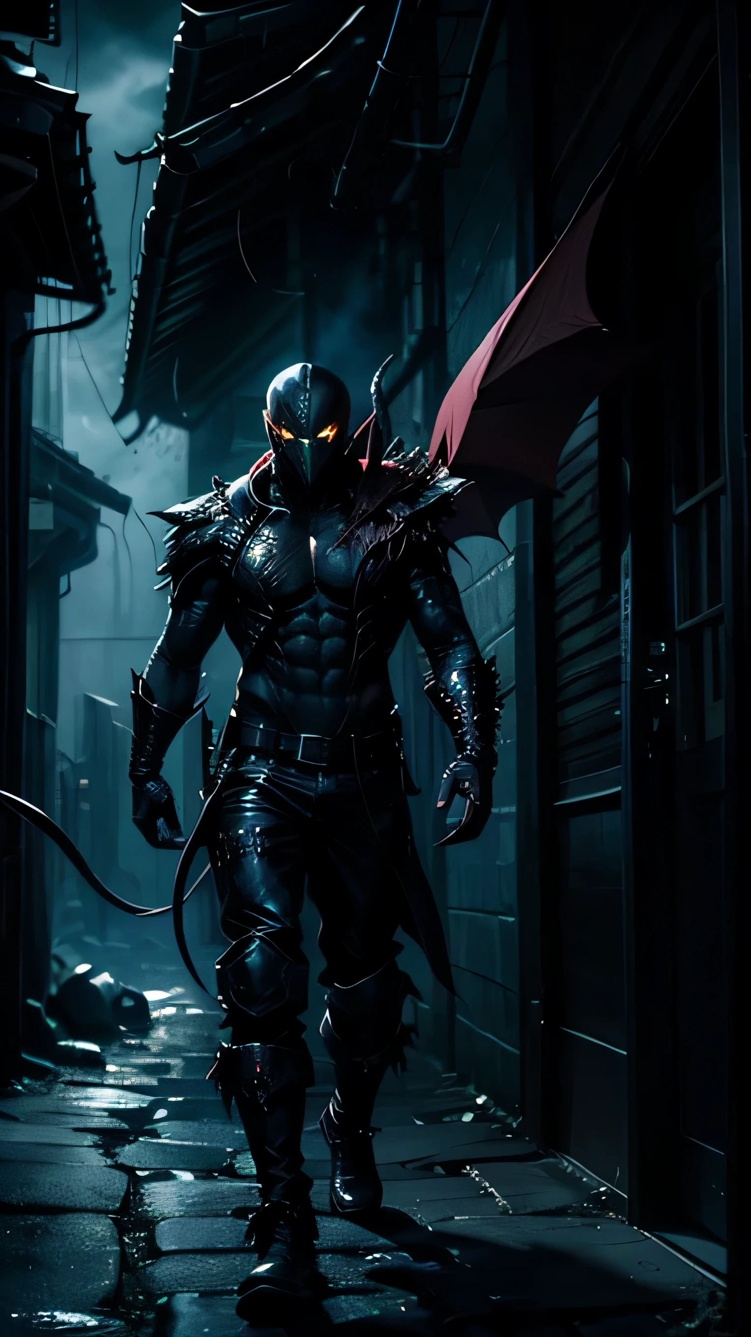 A venomous demon with a scorpion tail and piercing gaze, lurking in the shadows of a dimly lit alleyway. Background of dark, ominous clouds and flashes of lightning, echoing the intensity and mystery of Scorpio