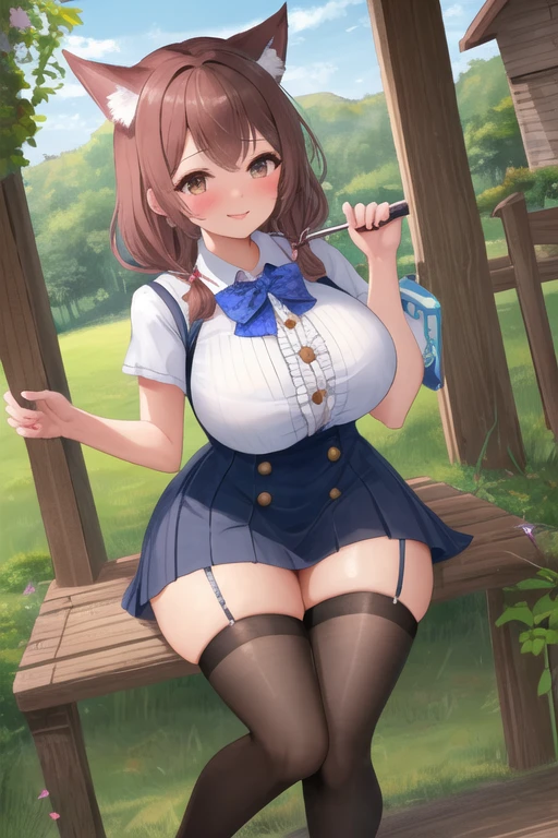 masterpiece, best quality, 1girl, forest, brown hair, long hair, fox ears, brown eyes, cute, blushing, (medieval villager clothes, medieval buttoned dress shirt, medieval frilled skirt, medieval stockings:1.4), (slim waist, curvy, gigantic breasts, bursting breasts, button gap, insanely wide hips, gigantic thighs, bottomheavy:1.2)
