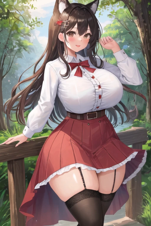 masterpiece, best quality, 1girl, forest, brown hair, long hair, fox ears, brown eyes, cute, blushing, (medieval villager clothes, medieval buttoned dress shirt, medieval frilled skirt, medieval stockings:1.4), (slim waist, curvy, gigantic breasts, bursting breasts, button gap, insanely wide hips, gigantic thighs, bottomheavy:1.2)