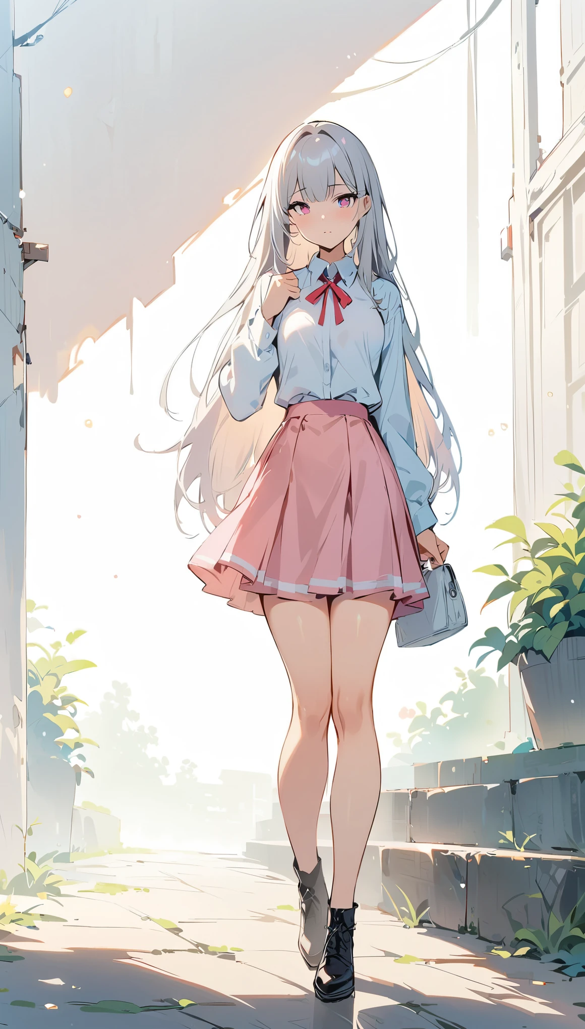 (masterpiece, best quality:1.2), 1 girl, Solitary,Standing_, 
, Long hair，Black无袖短背心，Short pink skirt，Black