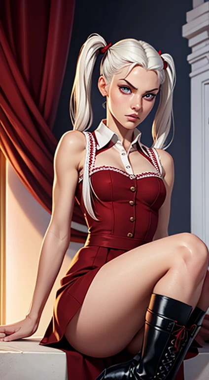 1girl, 21 years old, caucasian, beautiful, youthful, flawless skin, flawless features, platinum hair, twin-tails, rounded face, scarlet eyes, tender eyes, small-medium bosom, , 5'2”, collared dress, laced boots, wise, reserved, apathetic, indifferent, serious, calm, godlike, saintly, divine, angelic, otherworldly, soft, gentle