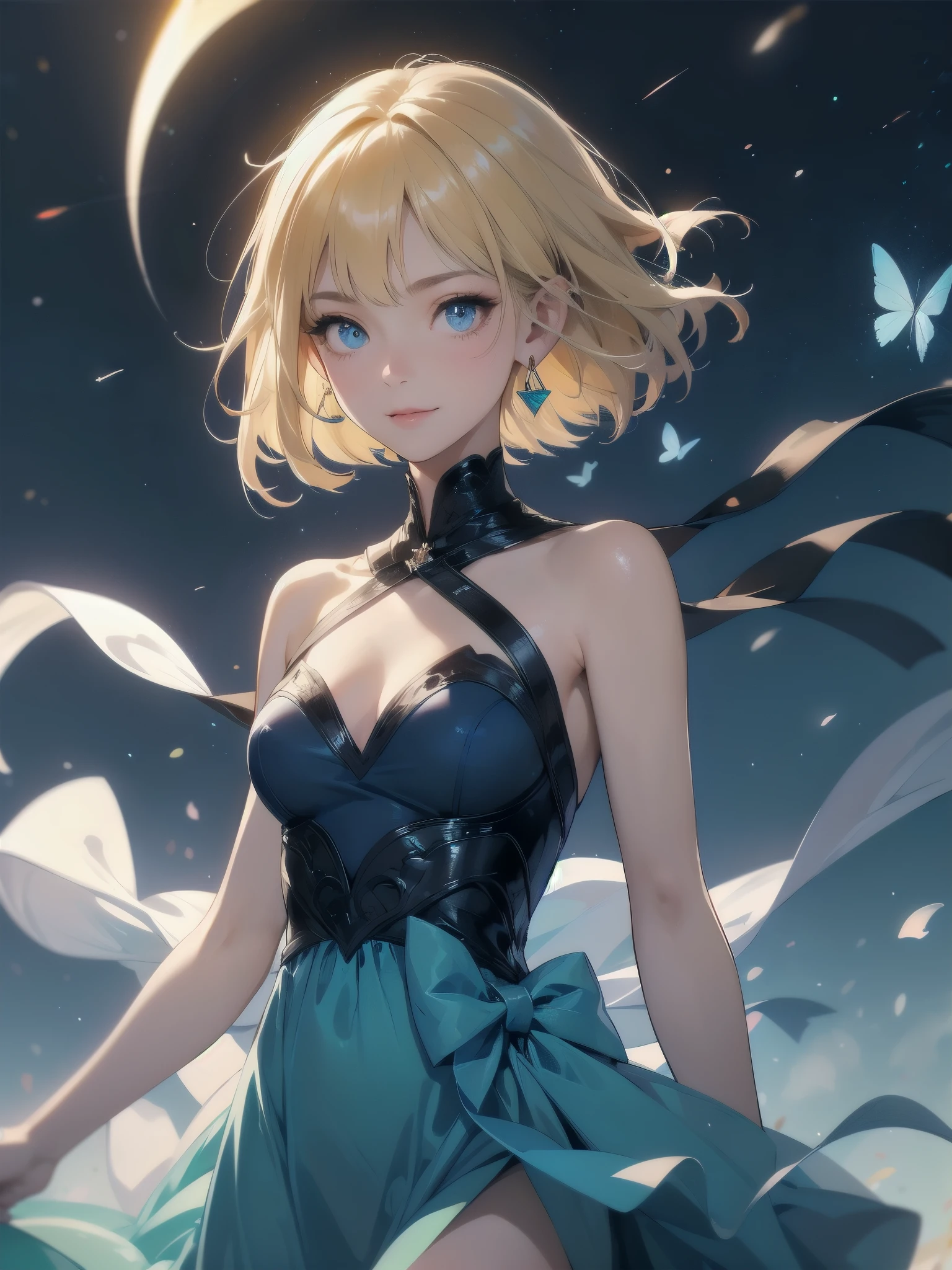 Masterpiece, Top Quality, High Resolution, Super Dimensional Face, Cute Eyes, Very Beautiful Girl in Long Blue Dress Anime Character, One Beautiful Girl, Long Dress, Solo, Blue Dress, (Bob-cut Hair:1.1), Amber Eyes, Gazing, Blonde Hair, ((Hair Fluttering in Wind)), , Medium Chest, Hoop Earrings, Fluttering hair, Night sky, Meteor shower, Fantastic, Phantom moon, Light smile, Dynamic, Fantasy, Otherworldly, Mysterious place