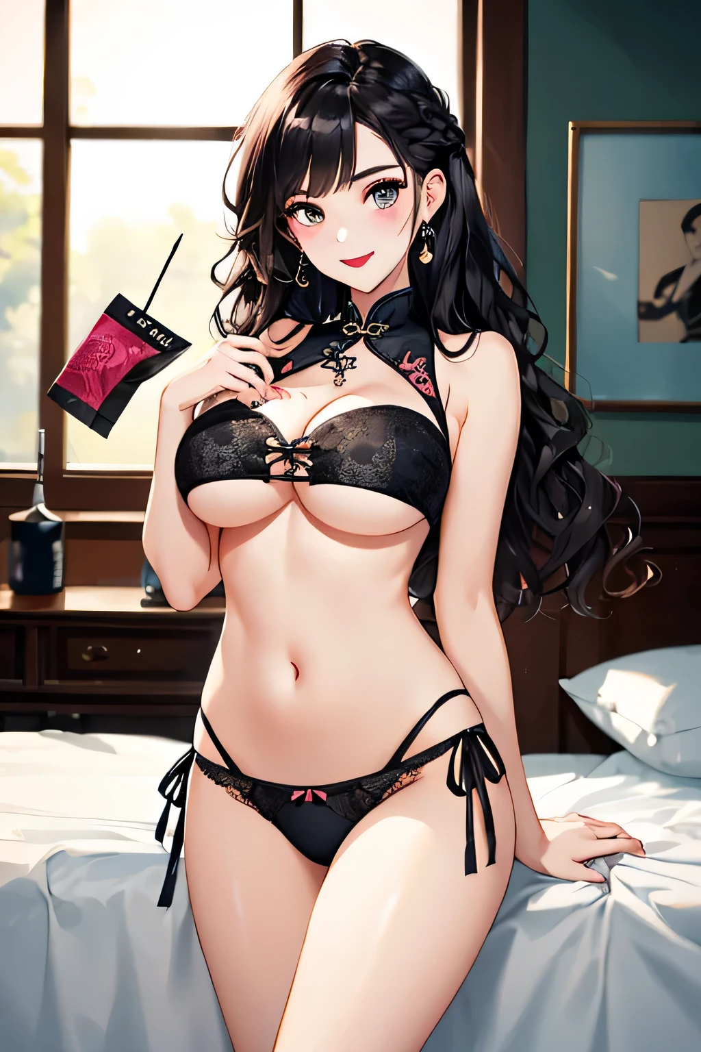 (highest quality:1.4)、High resolution、Detailed Background、(Beautiful face in every detail:1.4)、Anatomically correct、(Draw the usual number of fingers:1.2)、(Detailed facial expressions)、Realistic、beautiful, Smooth skin、age Beauty、(Huge breasts:1.3)、Perfect body line、attractive thick thighs、Black Hair、Show off your attractive underarms、Accentuate your breasts、Accentuate your cleavage、Elegant atmosphere、Well-groomed eyebrows、Well-groomed eyebrows balance the entire face、Excited、(Underboob:1.3)、Lace panties、No bra、Smiling、Blushing、sexual expression、cute、indoor、Cowboy Shot、

(Two beautiful girls showed me their panties:1.5)、
A shiny Chinese dress that fits the body line、Design with slits and revealing chest、
Dark colors such as red and black、It would be best to wear high heels、Strap and ribbon design、Pearl and metal accessories、
An updo is recommended to accentuate the design of the Chinese dress.、
Add some simple hair pins or accessories to make it even more gorgeous.、
If you have long hair, a sexy wavy hairstyle is also a good choice.、
To enhance the sexiness of a Chinese dress, it is a good idea to wear red lipstick.、
A darker red colour will give you a more sexy look.、cute