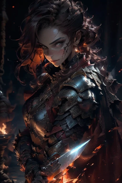 an image of a dragon woman in leather armor and a red cape, crimson hair, fire in her eyes, dark souls like, holding an ax, barbarian, smirk, cushart krenz key art feminine, fire, flames, (best quality,4k,8k,highres,masterpiece:1.2),ultra-detailed,(realistic,photorealistic,photo-realistic:1.37),HDR,UHD,studio lighting,ultra-fine painting,sharp focus,physically-based rendering,extreme detail description,professional,vivid colors,bokeh,portraits,landscape,horror