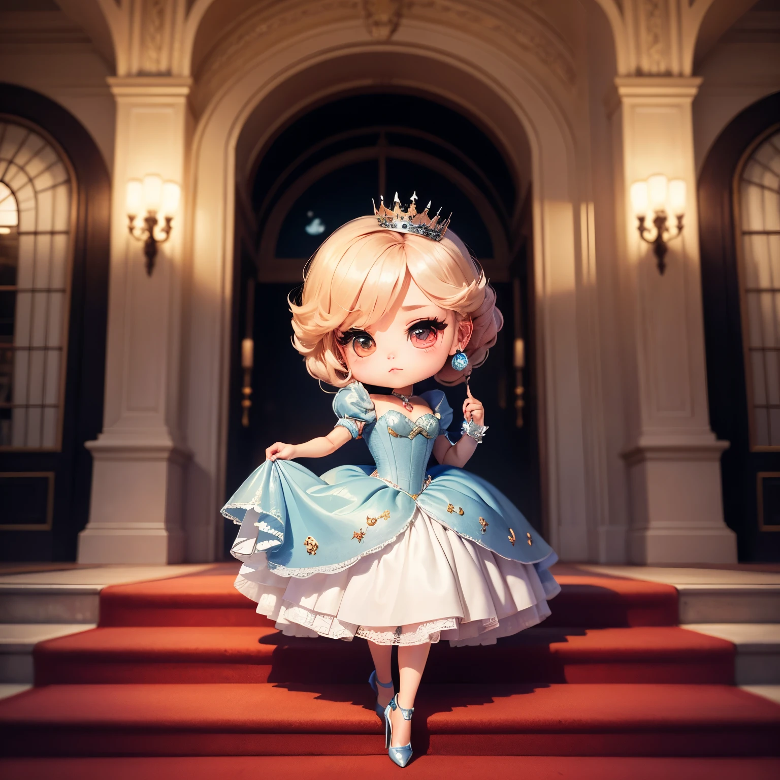 ​masterpiece、top-quality、ultra-detailliert、(Chibi Cinderella:1.2)、Red carpeted royal staircase、Magazine covers、The upper part of the body、Glass High Heels、12 o'clock clock🕛、Chibi Prince