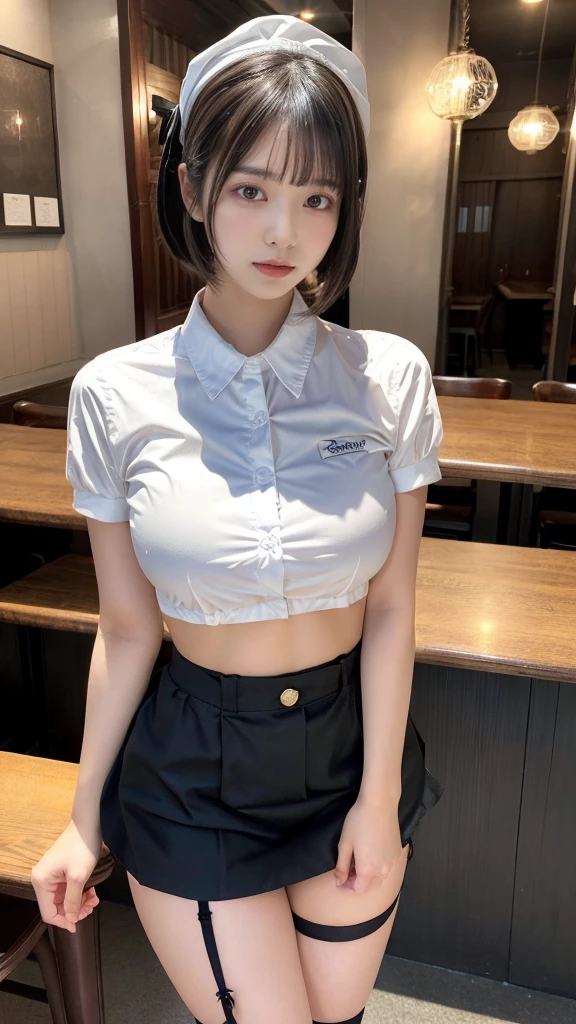 Highest quality、masterpiece、8k、Very detailed、Realistic、Looking at me with a smile、whole body、Black Hair、Short Hair、Small face、Slender、Big Breasts、Thin and beautiful legs、narrow and constricted waist,、Sleeveless shirt with buttons and a collar、Mermaid Skirt、A shirt that accentuates the shape of your body、All buttons on the shirt are closed