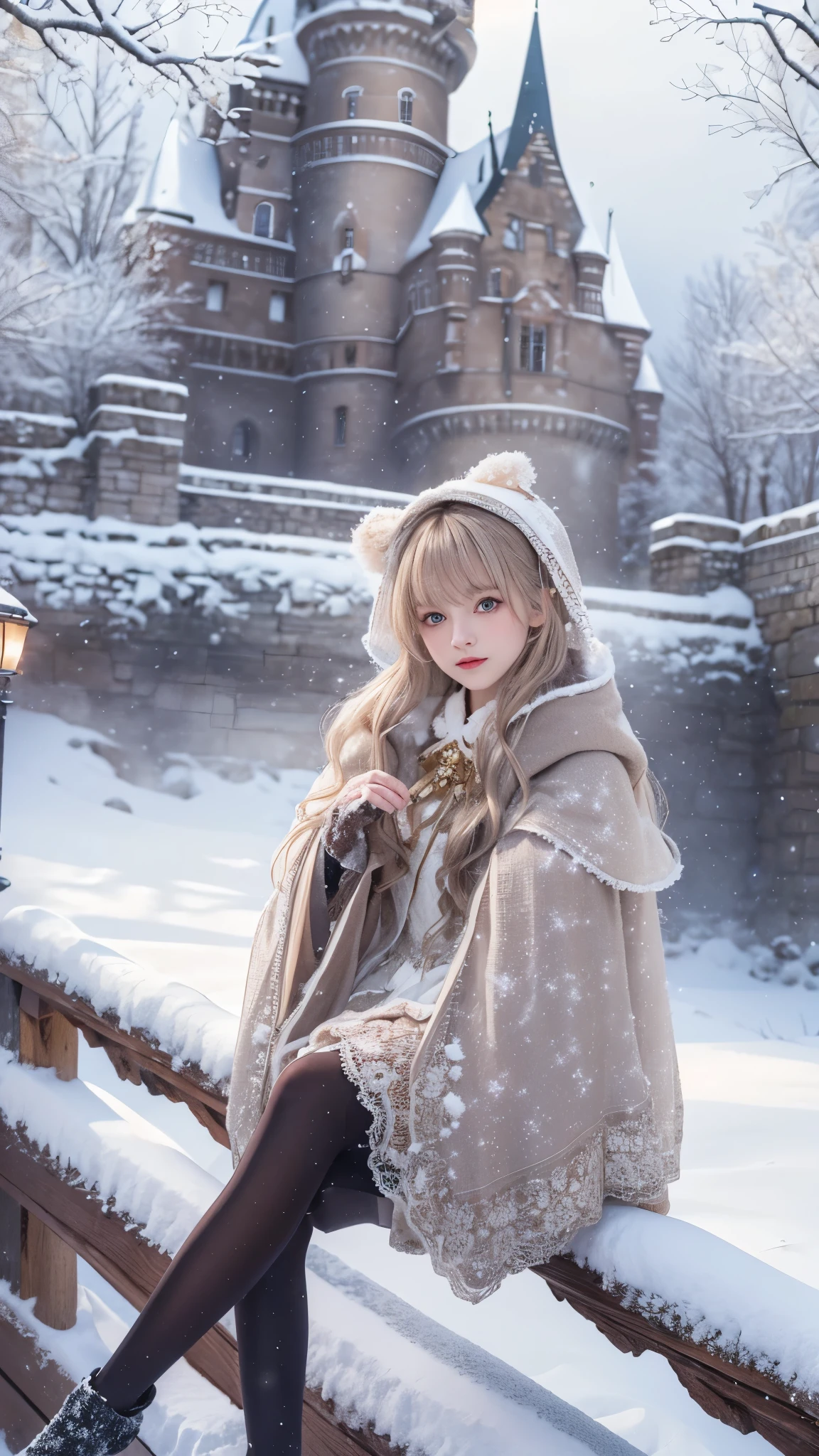 ((masterpiece)),(Ultra-high resolution),1 girl, sitting, ta clothing,Cloak (snow, Winter Outdoor Activities:1.2),outside the castle,8k,Details,