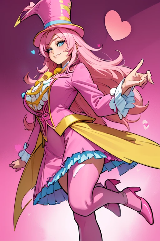 female, sunset pink long hair with yellow highlights, blue eyes, (((1girl))), (((pink ringmaster attire with dark pink hearts))), (yellow ribbon), (pink knee length pencil skirt), (dark pink stockings), (pink heels), (pink top hat with dark pink heart and yellow feather), cute and sexy, large breasts, large butt, full body, long legs, smiling