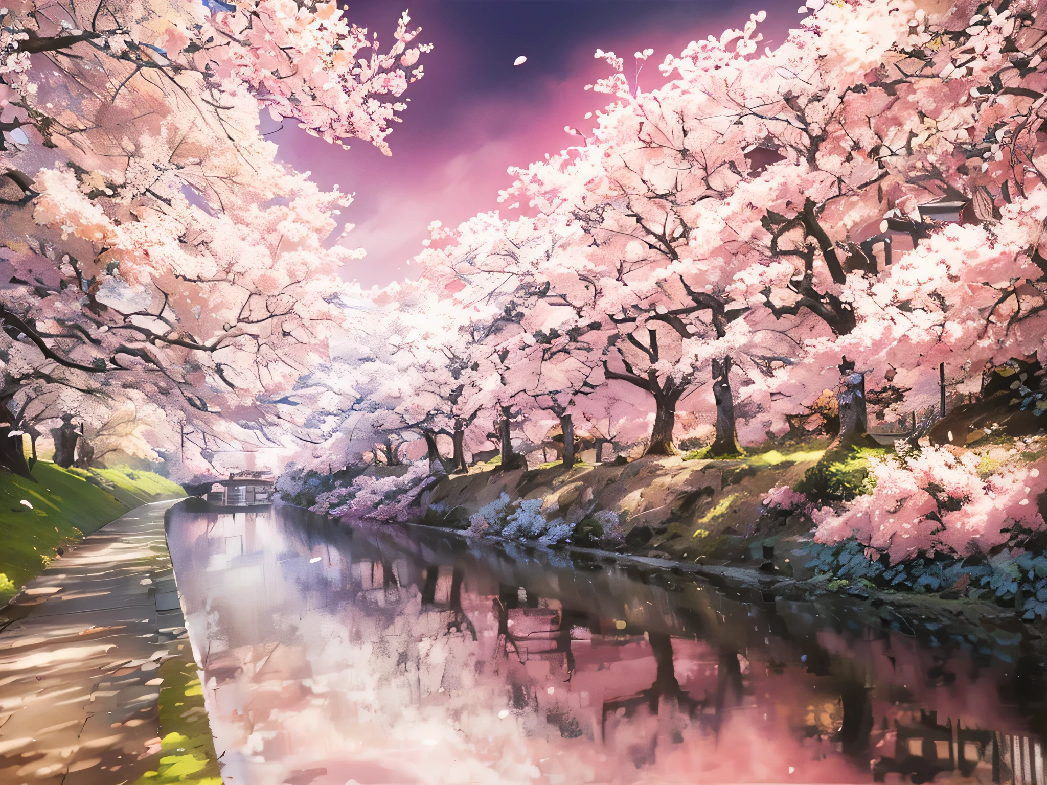 Canal ruins with benches and flowering trees々Beautiful view, Cherry Blossom trees, Cherry tree, lush Cherry tree, Cherry tree, Japanese Nature, Cherry tree, Cherry Blossom forest, Cherry tree, sakura season, Cherry Blossoms, Very beautiful scenery, Cherry Blossom tree, Cherry Blossom, giant Cherry tree, Purple flower tree