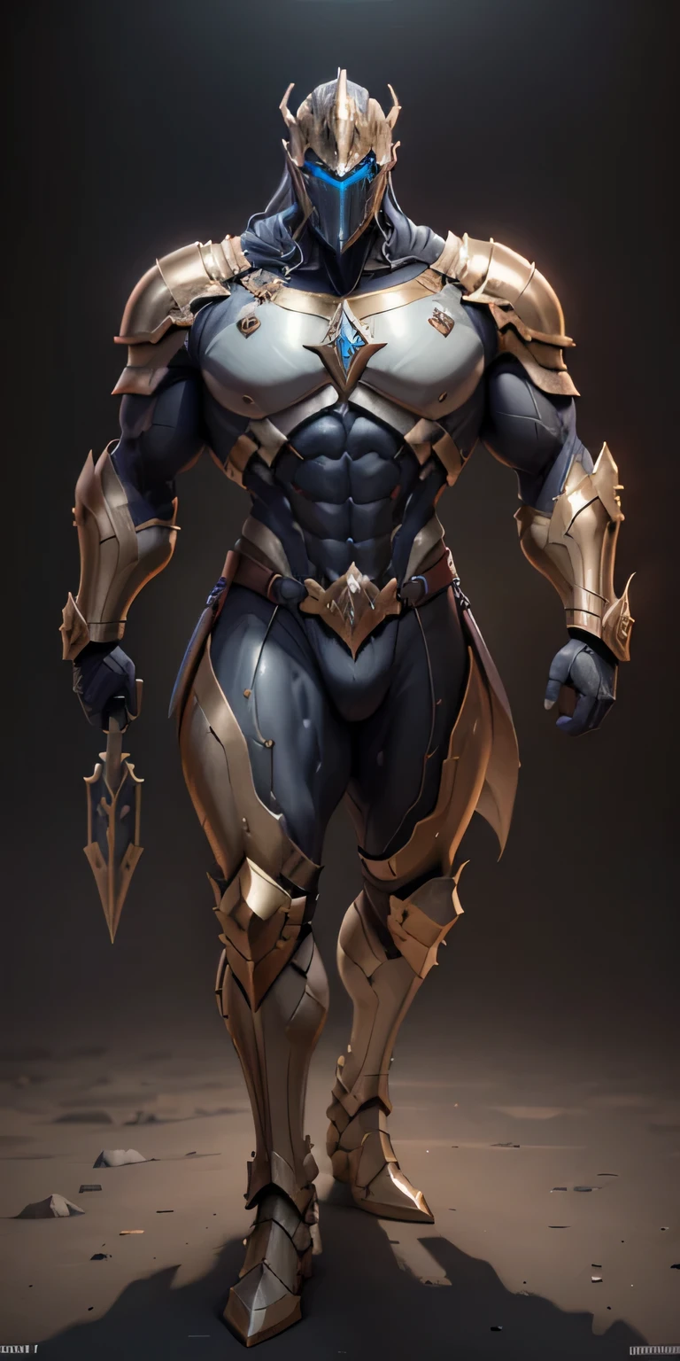 Gold Stormcast Eternal from Age Of Sigmar, frontal, One-piece helmet, with a mask that represents an expressionless male face, Stormcast Eternal soldier, Stormcast Eternal armor, full-length, looking at the camera, facing the audience, standing pose, simple background, three-dimensional light, detailed full-body concept, muscular male, bodybuilder body, Massive body, ((really big muscle, massive muscular, sixpack, narrow waist, chiseled abs, thick arms, wide pectoral, super huge muscle, hyper muscular, over sized muscle, huge arms, big arms, huge pectoral)), male, solo, sleek digital concept art, beautiful full-body concept art, art trend, CGsociety full-length,