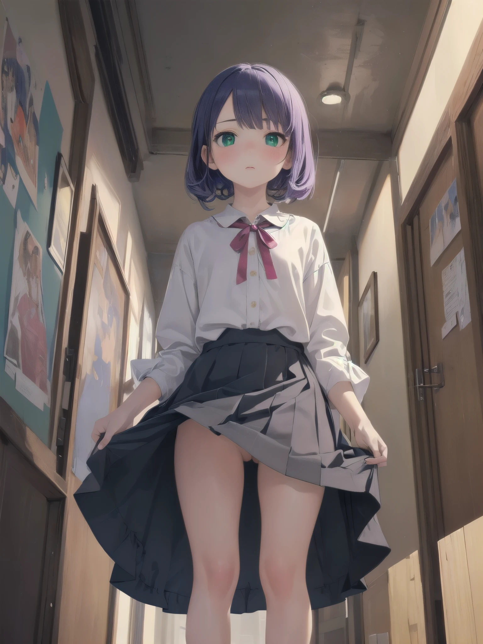 best quality, ultra-detailed, masterpiece,finely detail, high res, 8k wallpaper, best quality, highres, looking up from below, ((a girl, 8years old, )), bottomless, lift up skirt, casual dress, blush, crowded room,, BREAK (masterpiece:1.2), (illustration:0.8), extremely detailed face, perfect lighting, extremely detailed CG, (perfect hands, perfect anatomy), (masterpiece, best_quality, ultra-detailed, immaculate:1.3), epic, illustration, render, .,Blue-purple hair, green eyes,