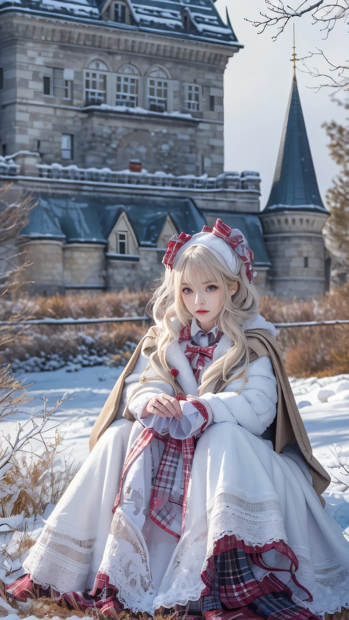 ((masterpiece)),(Ultra-high resolution),1 girl, sitting, Lolita clothing,Cloak (snow, Winter Outdoor Activities:1.2),outside the castle,8k,Details,