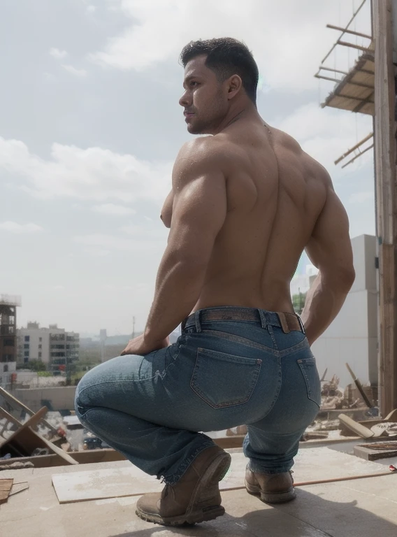 Thiago, constructor, working at a construction site, cuerpo musculoso, detallado, detallado body, Big muscular body, White dirty jeans crouched backside