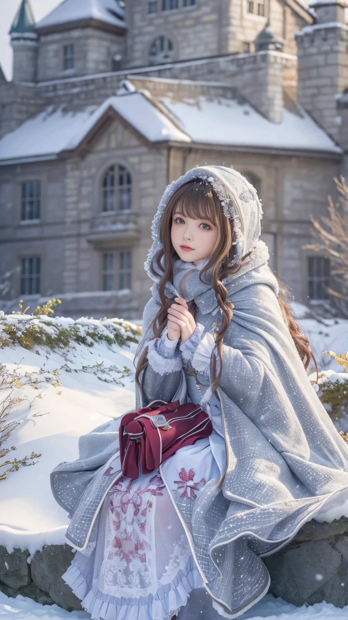 ((masterpiece)),(Ultra-high resolution),1 girl, sitting, ta clothing,Cloak (snow, Winter Outdoor Activities:1.2),outside the castle,8k,Details,