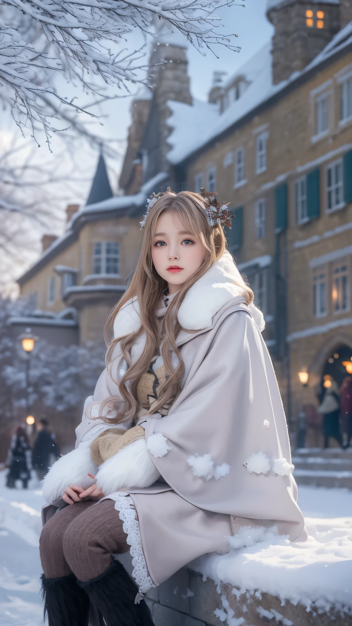 ((masterpiece))，(Ultra-high resolution)，1 girl, sitting, Lolita clothing，Cloak (snow, Winter Outdoor Activities:1.2),outside the castle，8k，Details，