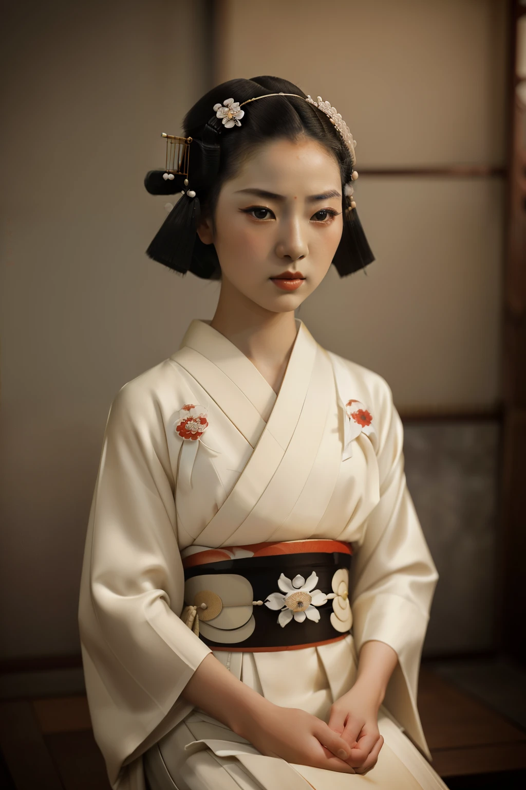 Kioto, 1935. A young ((((15-year-old)) Sayuri)), strikingly beautiful, delicate facial features, porcelain skin, expressive eyes, posing for a portrait, serene expression, ((artistic portrait)), ((((geisha clothings from the 1930s)))), ((geisha hairstyle of the 1930s)), color