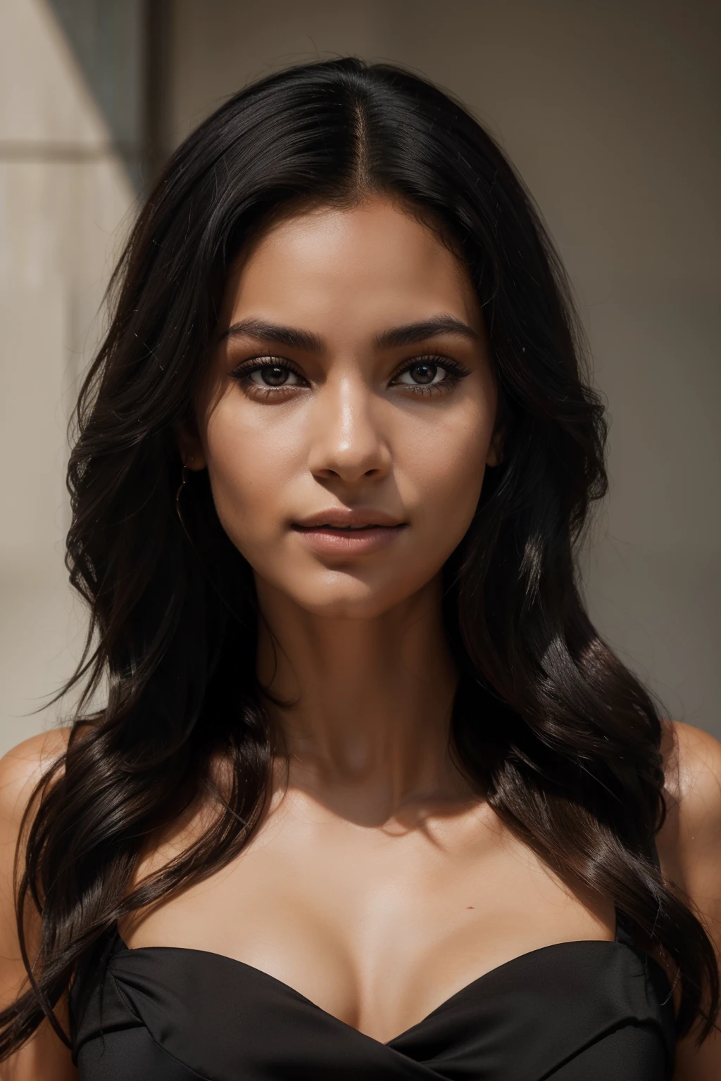 Beautiful 25-year-old woman, with an actress-like presence, poses confidently for a straight-on, passport-style photograph in a sleek black dress that accentuates her perfect figure. Her raven-black hair cascades down in soft, blow-dried waves, framing her face with intricate detail and texture. Her sensual lips carry a subtle curl, complementing her ivory skin color.
Captured with a 25mm lens and an f/1.2 aperture, every detail of her exquisite facial features comes to life in this ultra-realistic portrait photography session. The image is rendered in 8K resolution, allowing viewers to