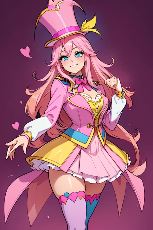 female, sunset pink long hair with yellow highlights, blue eyes, (((1girl))), (((pink ringmaster attire with dark pink hearts))), (yellow ribbon), (pink knee length pencil skirt), (dark pink stockings), (pink heels), (pink top hat with dark pink heart and yellow feather), cute and sexy, large breasts, large butt, full body, long legs, smiling