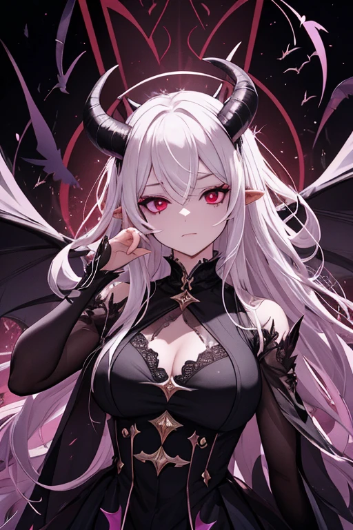Vampire Girl、Purple aura of magical power、Very pale skin、Red eyes、Silver Hair、Red nails、Demon World、Vampire Castle Room、Late Night、Western dress vampire costume、Sit diagonally on a luxury sofa、Comb your hair、Vampire Fangs、Bat-like wings on the back、Upper Body