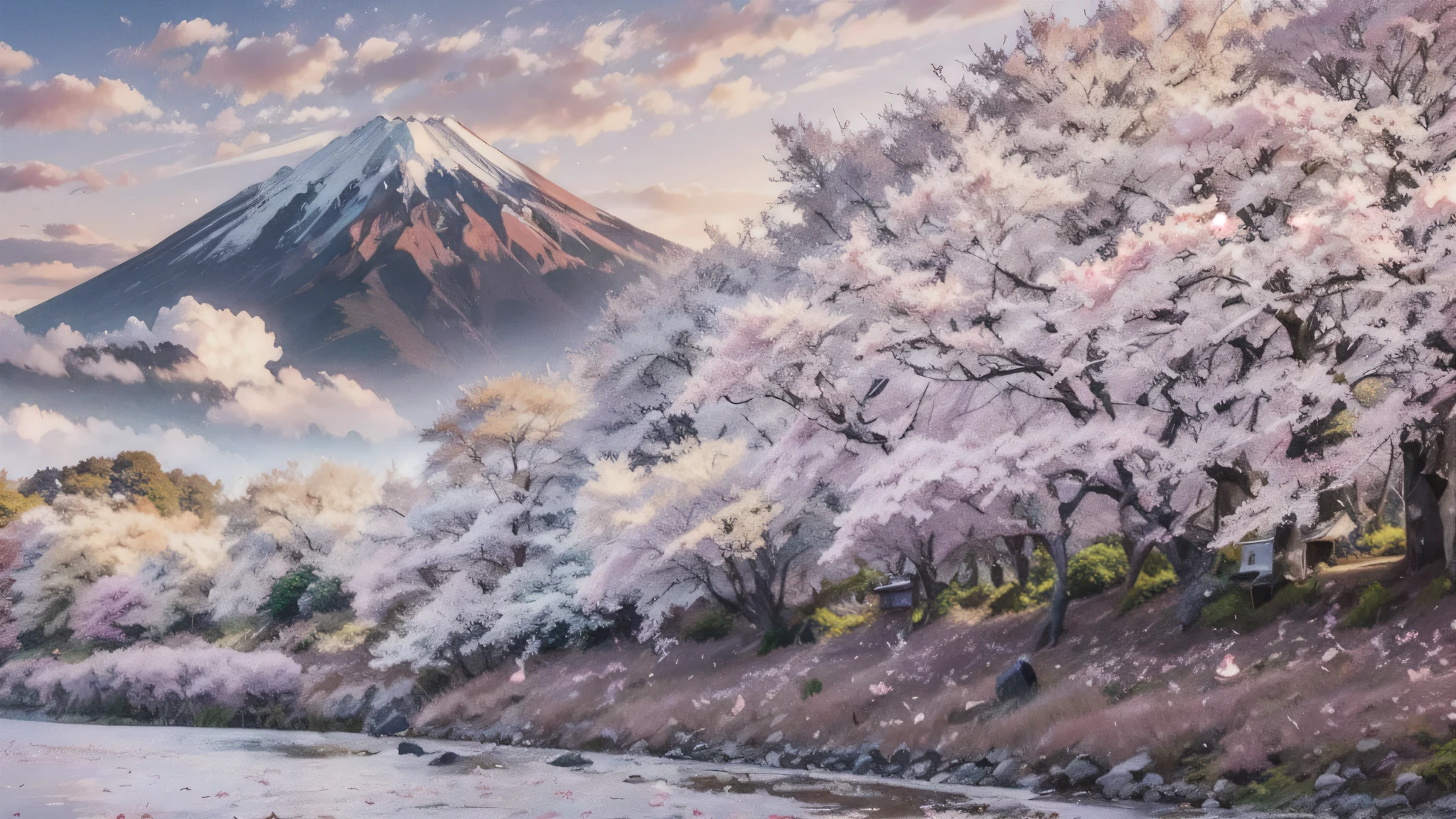 There are many pink trees along the river.、Mountains are visible in the background, mount Fuji Mountain on the background, mount Fuji Mountain in the background, Japanese Nature, Cherry tree, mount Fuji Mountain, lush Cherry tree, mountain Fuji Mountain on the background, Meters. Fuji Mountain, Cherry tree in the background, lake kawaguchi, Cherry tree, mount Fuji Mountain background, Fuji Mountain choko, Cherry Blossom Forest
