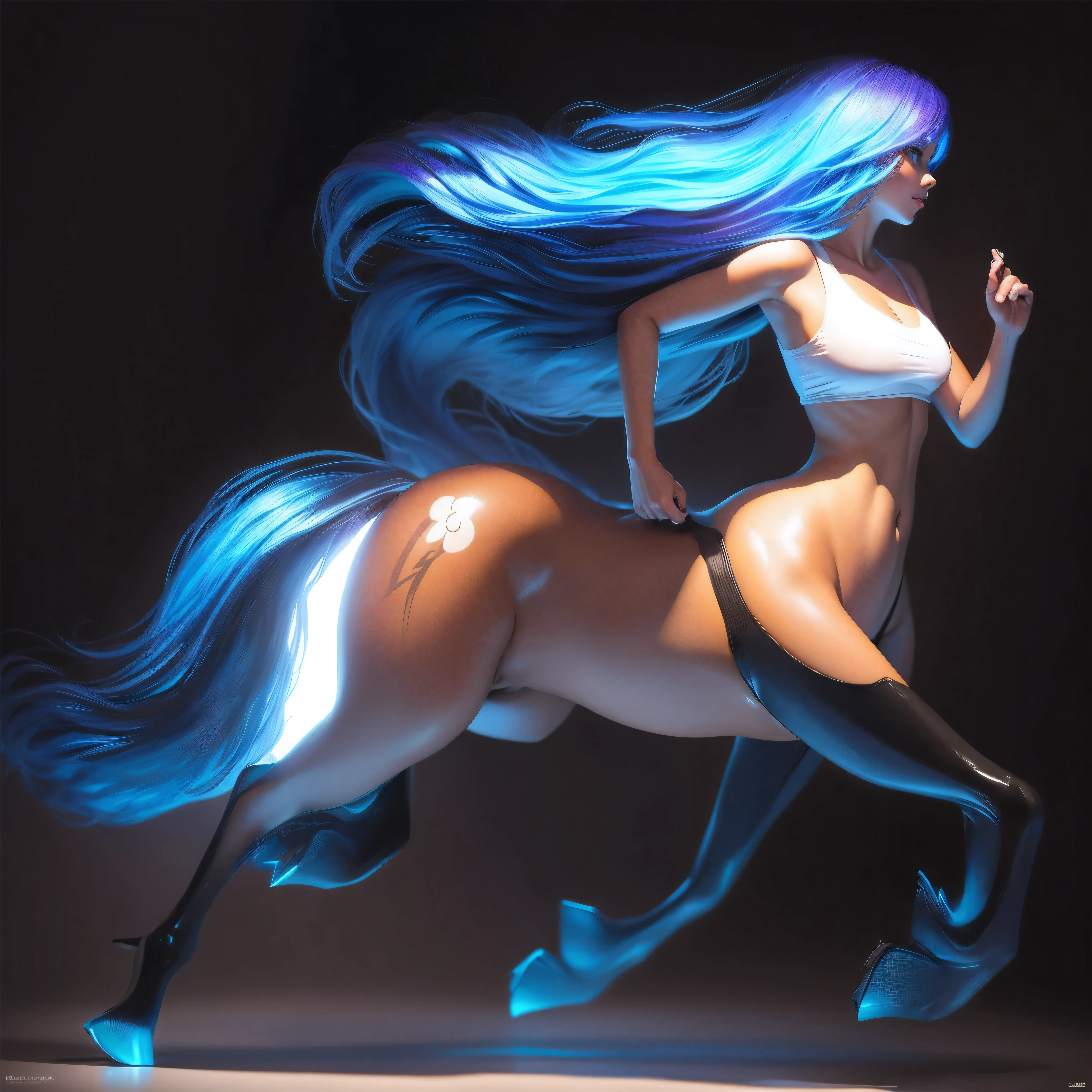 1 centaur girl,Four-legged,Running stance,Rainbow hair,Solid blue background Shinkai Makoto anime style,line drawing,Pure white background,pencil drawing,Remove Background,Graphic design sense,smooth black and white lines,Perfect Curve,simple clean lines,Fluency,Delicate face,No additional wiring required,Perfect hand movements,Hold out five fingers,(high quality)(Volumetric Light)
