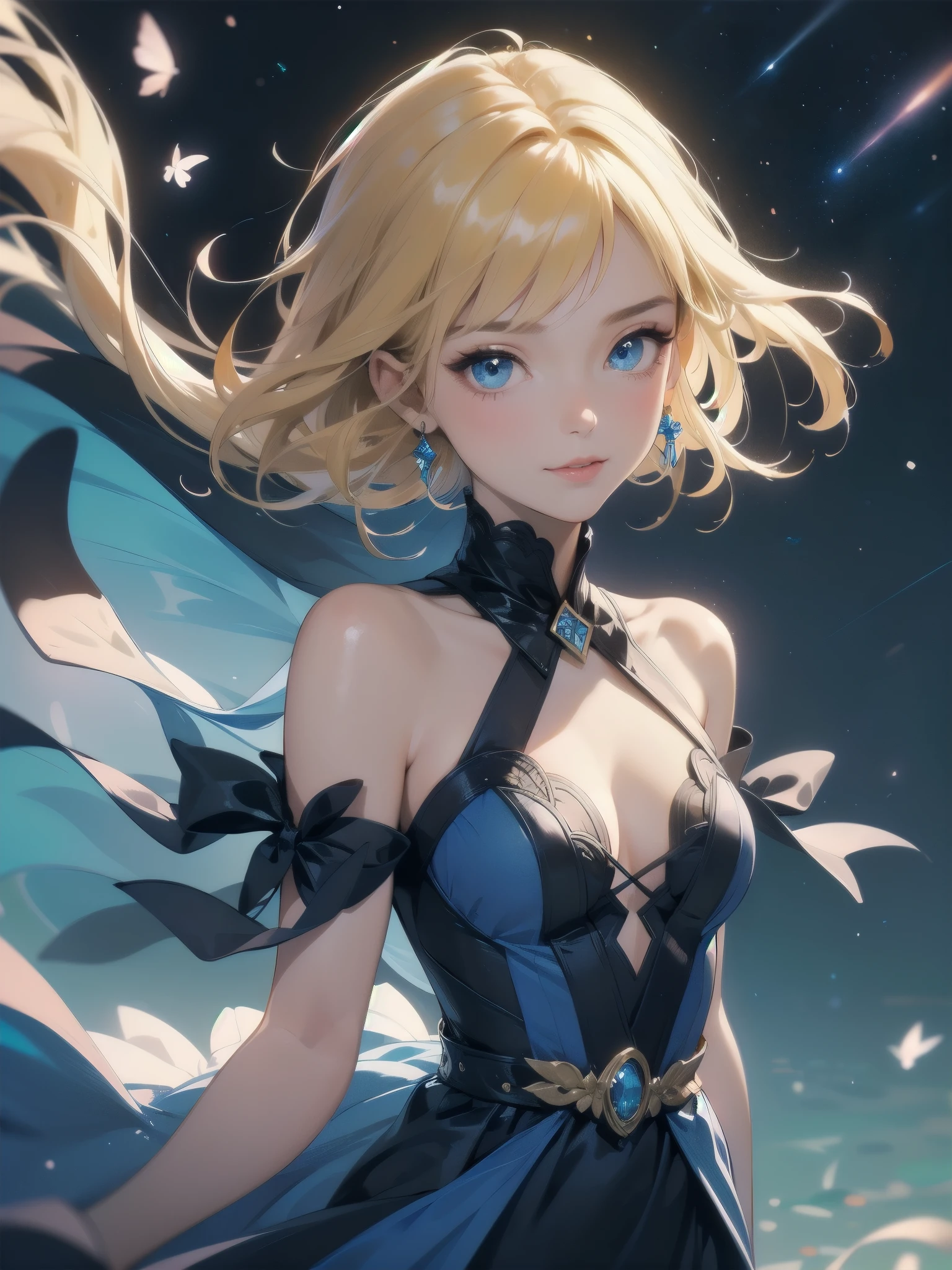 Masterpiece, Top Quality, High Resolution, Super Dimensional Face, Cute Eyes, Very Beautiful Girl in Long Blue Dress Anime Character, One Beautiful Girl, Long Dress, Solo, Blue Dress, (Bob-cut Hair:1.1), Amber Eyes, Gazing, Blonde Hair, ((Hair Fluttering in Wind)), , Medium Chest, Hoop Earrings, Fluttering hair, Night sky, Meteor shower, Fantastic, Phantom moon, Light smile, Dynamic, Fantasy, Otherworldly, Mysterious place