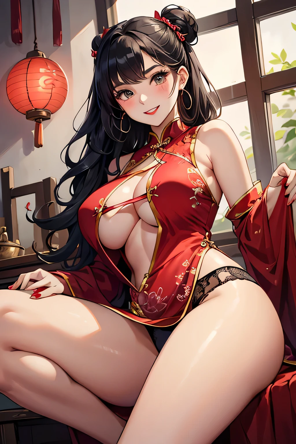 (highest quality:1.4)、High resolution、Detailed Background、(Beautiful face in every detail:1.4)、Anatomically correct、(Draw the usual number of fingers:1.2)、(Detailed facial expressions)、Realistic、beautiful, Smooth skin、 Beauty、(Huge breasts:1.3)、Perfect body line、attractive thick thighs、Black Hair、Show off your attractive underarms、Accentuate your breasts、Accentuate your cleavage、Elegant atmosphere、Well-groomed eyebrows、Well-groomed eyebrows balance the entire face、Excited、(Underboob:1.3)、Lace panties、No bra、Smiling、Blushing、sexual expression、cute、indoor、Cowboy Shot、(Two beautiful girls showed me their panties:1.5)、
A shiny Chinese dress that fits the body line、Design with slits and revealing chest、
Dark colors such as red and black、It would be best to wear high heels、Strap and ribbon design、Pearl and metal accessories、
An updo is recommended to accentuate the design of the Chinese dress.、
Add some simple hair pins or accessories to make it even more gorgeous.、
If you have long hair, a sexy wavy hairstyle is also a good choice.、
To enhance the sexiness of a Chinese dress, it is a good idea to wear red lipstick.、
A darker red colour will give you a more sexy look.、cute
