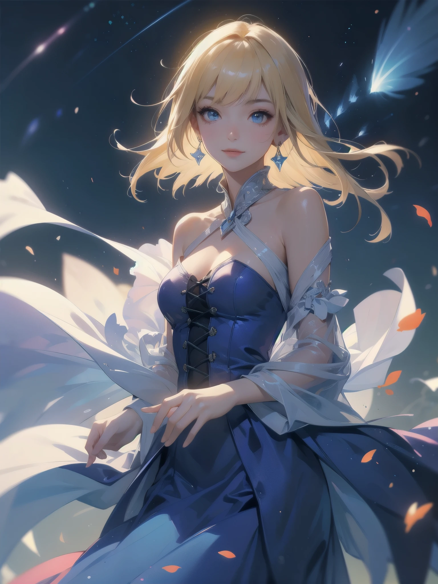 Masterpiece, Top Quality, High Resolution, Super Dimensional Face, Cute Eyes, Very Beautiful Girl in Long Blue Dress Anime Character, One Beautiful Girl, Long Dress, Solo, Blue Dress, (Bob-cut Hair:1.1), Amber Eyes, Gazing, Blonde Hair, ((Hair Fluttering in Wind)), , Medium Chest, Hoop Earrings, Fluttering hair, Night sky, Meteor shower, Fantastic, Phantom moon, Light smile, Dynamic, Fantasy, Otherworldly, Mysterious place