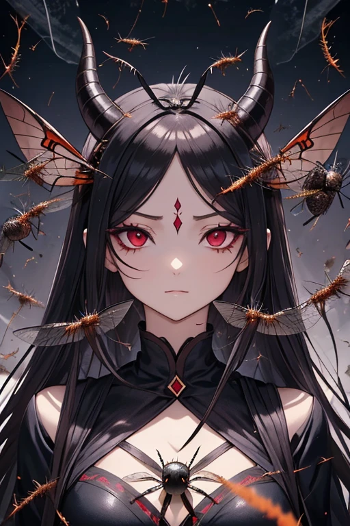 1 Female、Baalzebub&#39;s female reincarnation、Queen of the Flies、A woman in a devilish costume with countless flies under her control、Bat Wings、Goat horns、Detailed beautiful face、Shining red-black eyes、Thin eyebrows、flashy makeup, A scary background、(A swarm of countless flies:1.6)、The swarm of flies is silhouetted, projecting the face of a demon.、