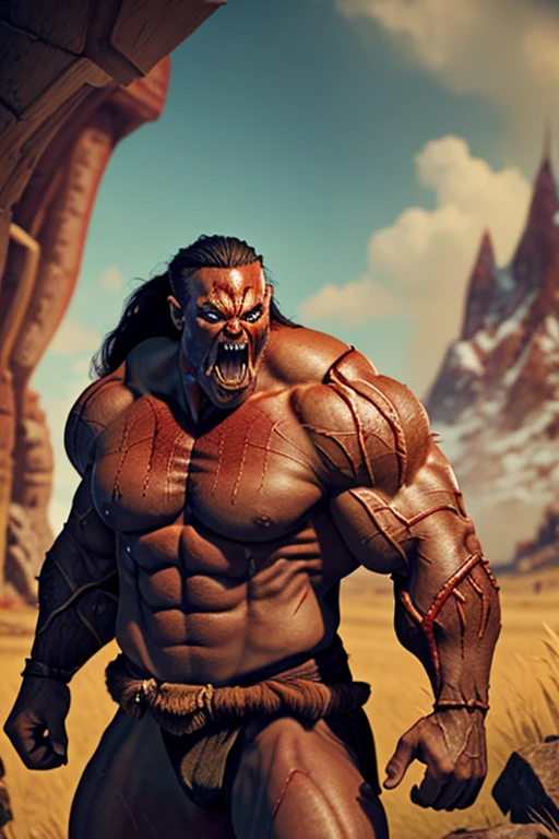 1 man, from orc race, gigantic body, red body, big muscle, large jaw, big lower fangs, he's angry, prepare for war, bloodlust axe, big body ratio, perfect anatomy, detailed anatomy, abyssal background, perfect photograph, perfect camera, perfect lighting, perfect shadow