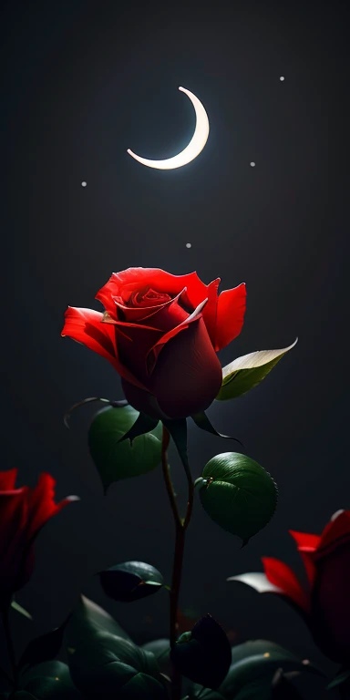Crescent Moon、highest quality, Very detailed, "Red rose flower+Crescent Moon+Night Sky" ,Ultra Wide Angle,Accent lighting,Volumetric lighting, (Detailed light),((Very delicate and beautiful)),High resolution、