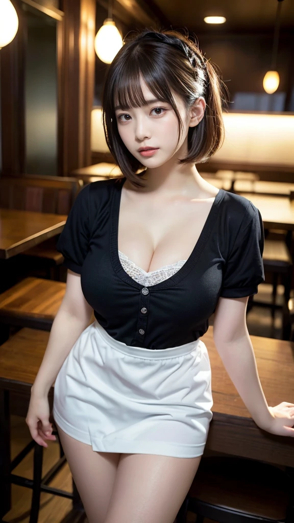 muste piece, best quality, illustration, Super detailed, fine details, High resolution, 8K,wall paper, perfect dynamic composition,(Details High quality, realistic depiction of eyes:1.3), waitress uniform, restaurant, large breasts, short bob hair、black hair color, Big Natural Color Lip, bold sexy pose, crying a little、cold gaze, Harajuku style、20 year old girl、cute type、ta、beautiful legs, gravure idol, Voluptuous thighs, large hip